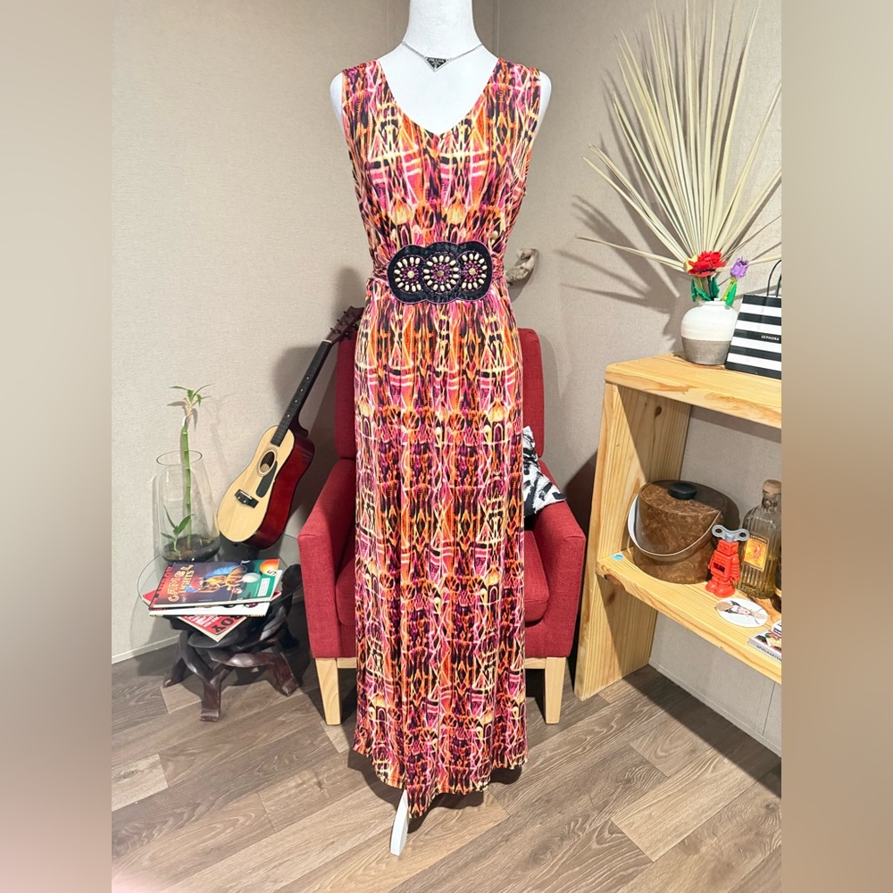 Nina Leonard Pink Orange Multicolor Sleeveless Maxi Dress